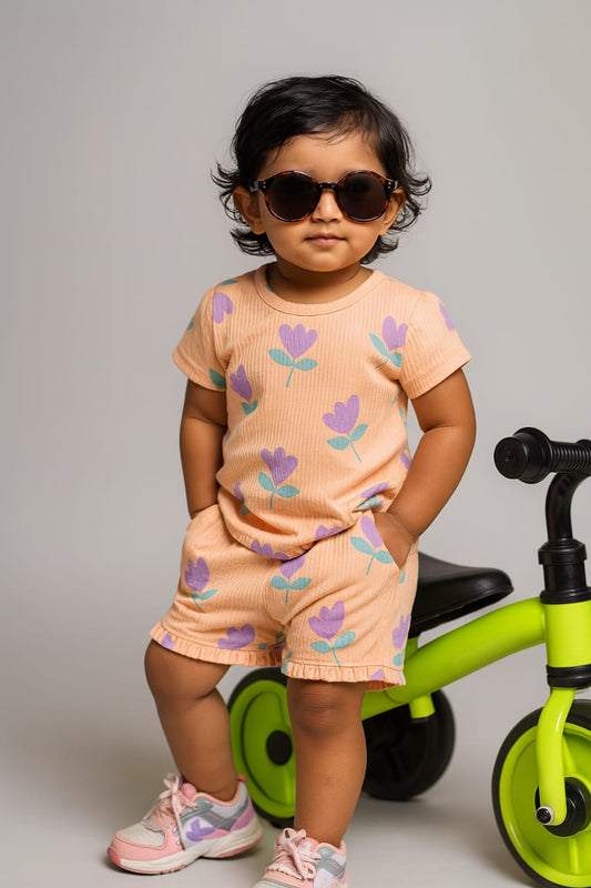 Light Orange Flower Rib Shorts Set