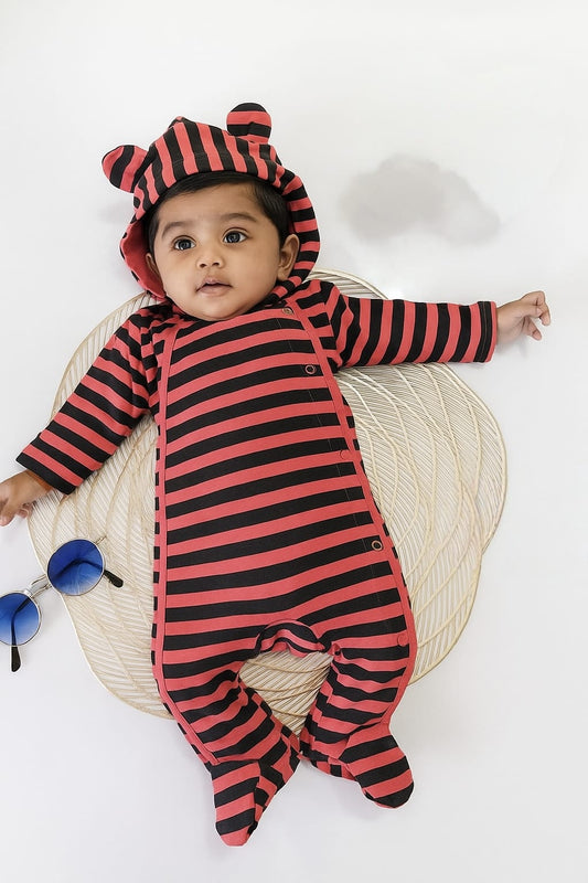 Red stripes hoodie full romper