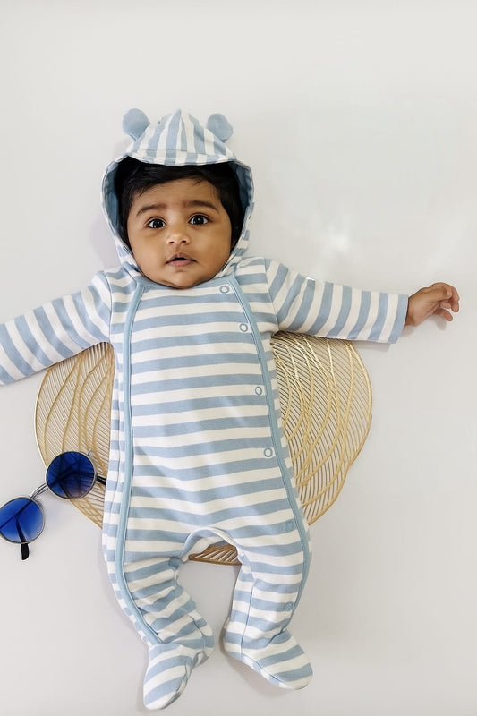 Blue stripes with hoodie full romper