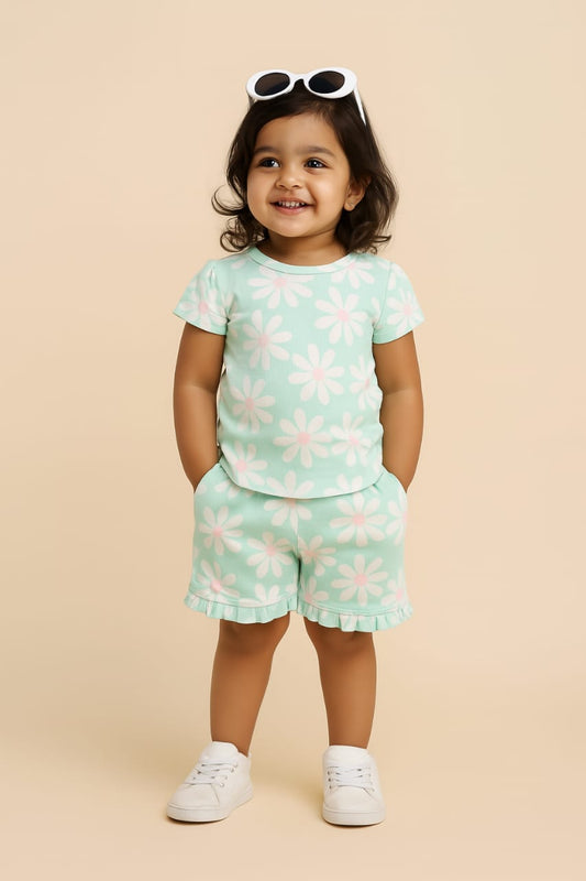 Light Green Flower Rib Shorts Set