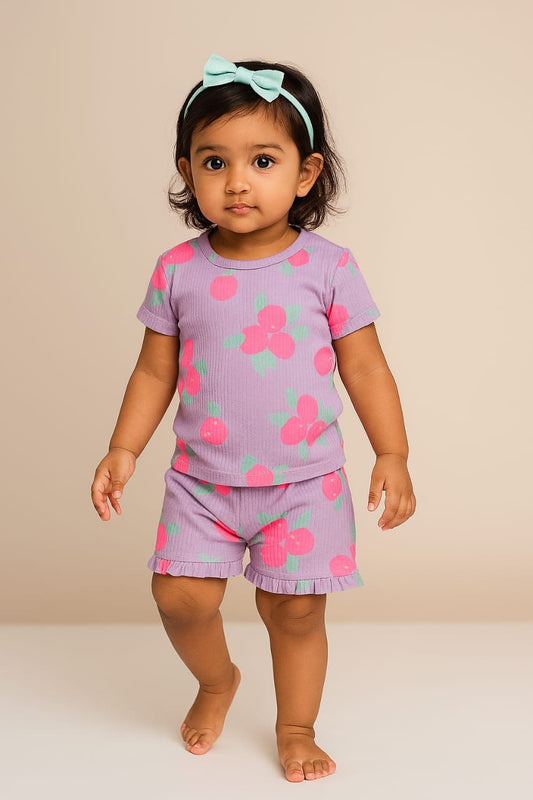 Purple Cheery Rib Shorts Set